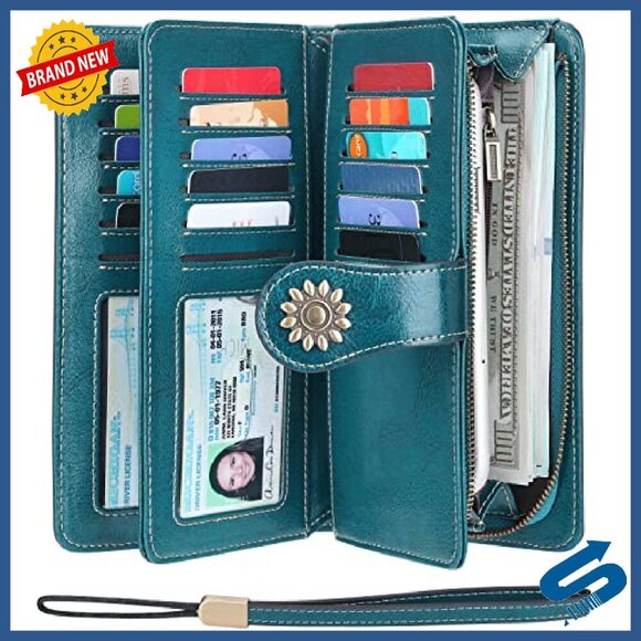 Large Capacity Genuine Leather RFID Blocking Wristlet Wallet Clutch - Picture 2 of 8